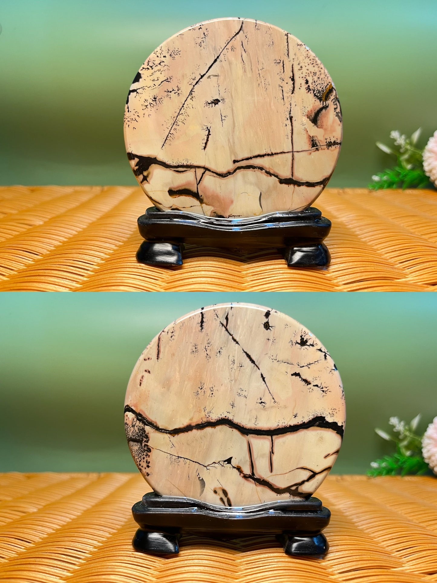 B1026 Picture jasper round slab 9CM on holder
