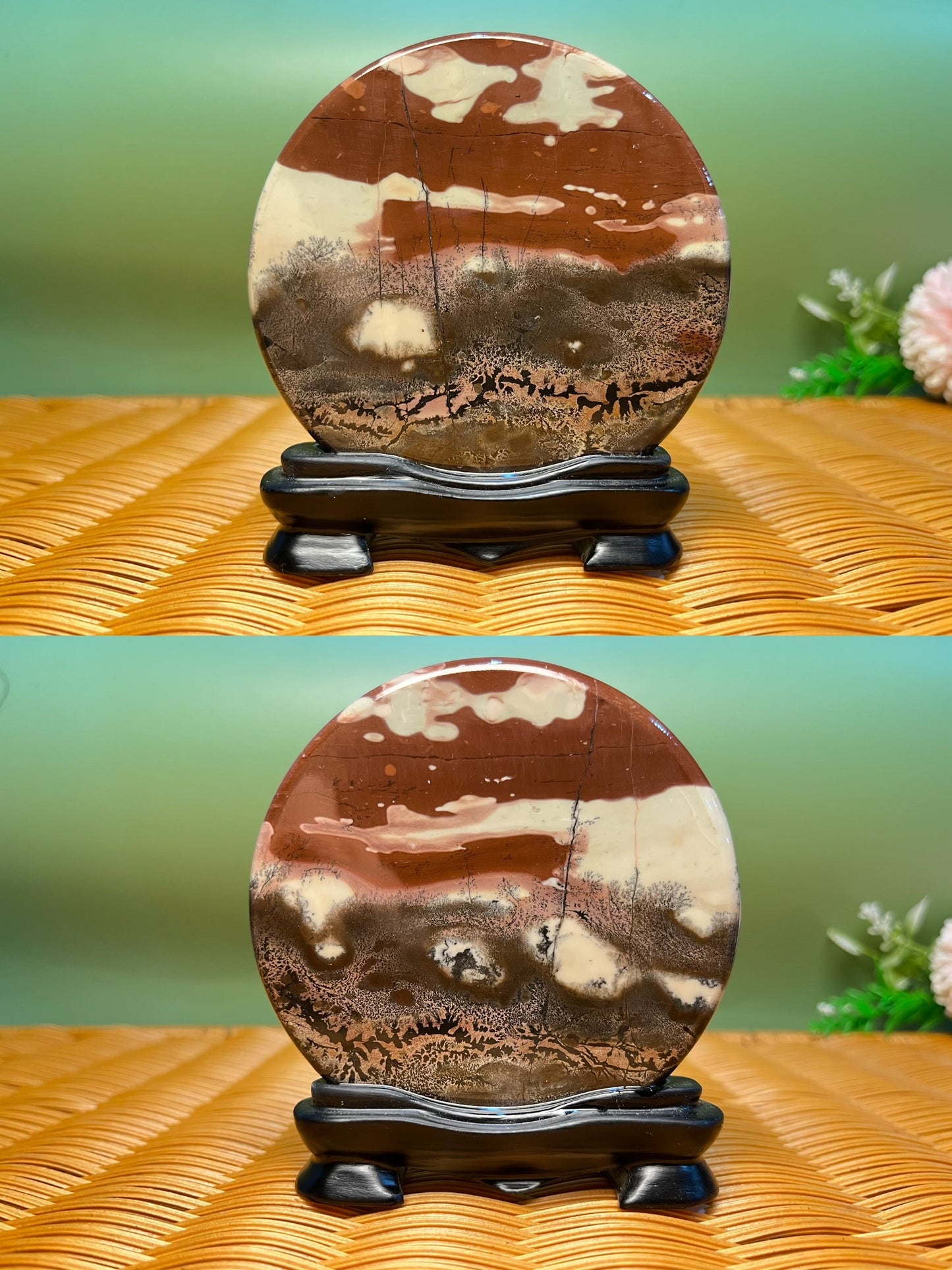 B1029 Picture jasper round slab 9CM on holder
