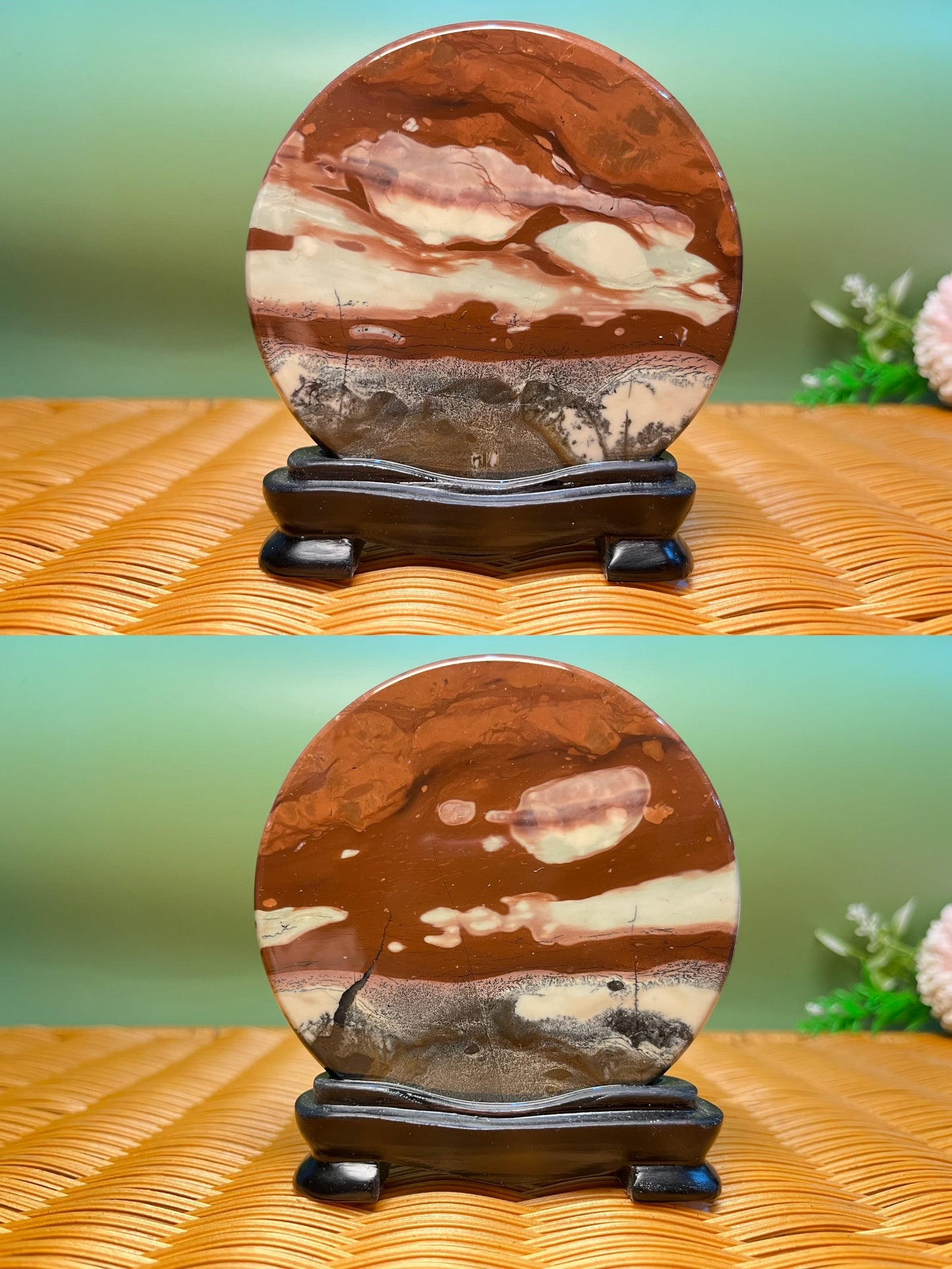 B1032 Picture jasper round slab 9CM on holder