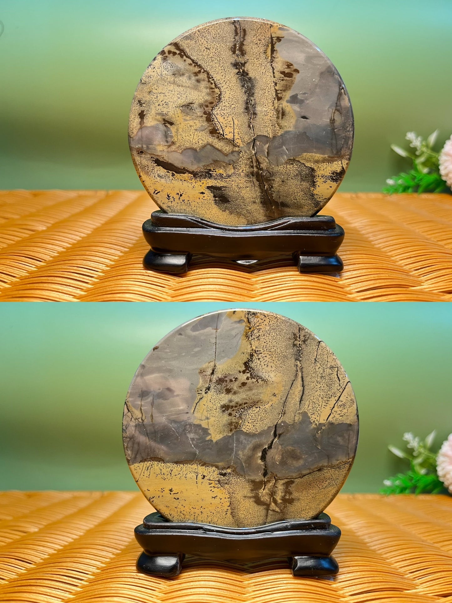 B1035 Picture jasper round slab 9CM on holder