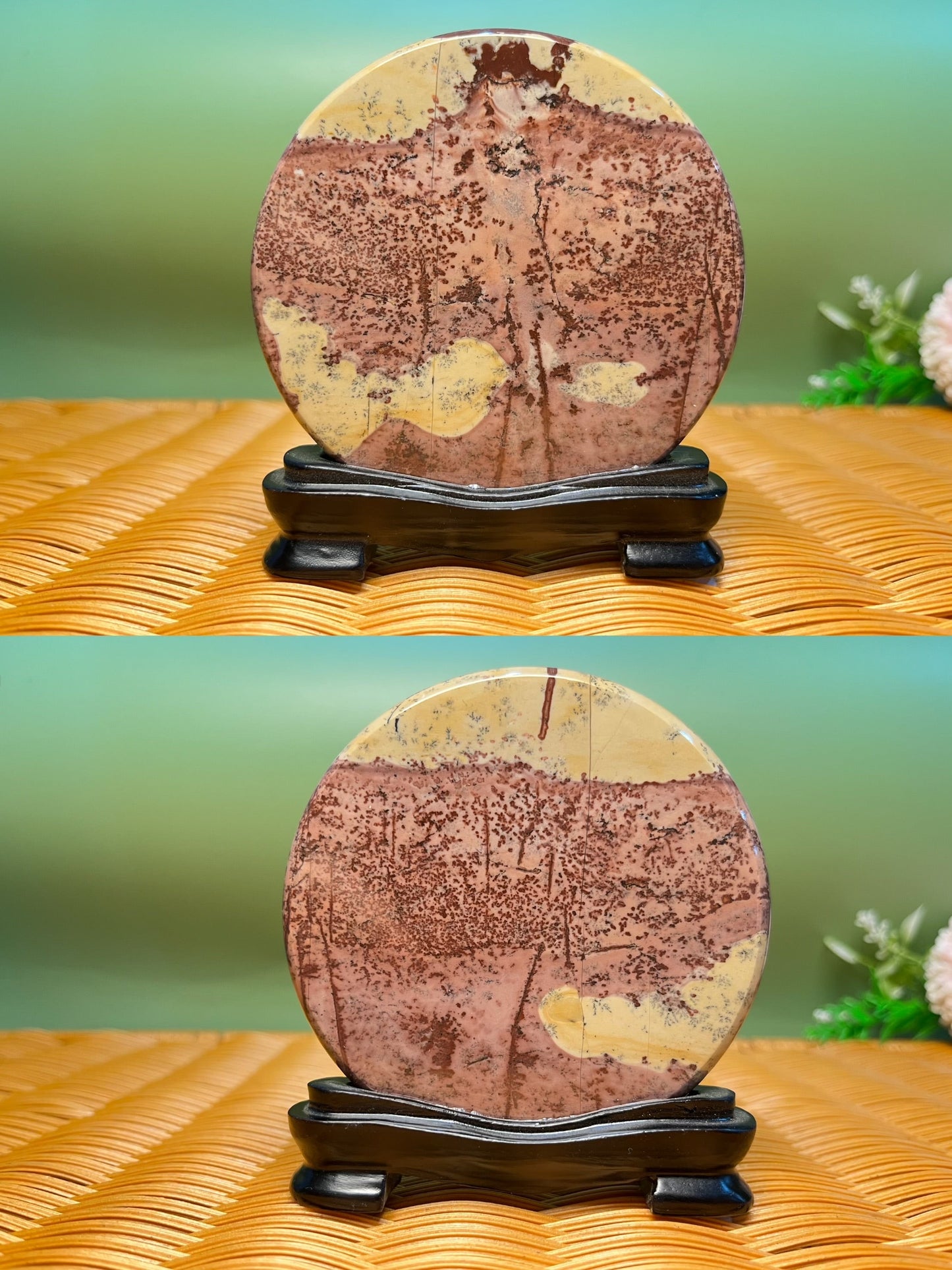 B1036 Picture jasper round slab 9CM on holder
