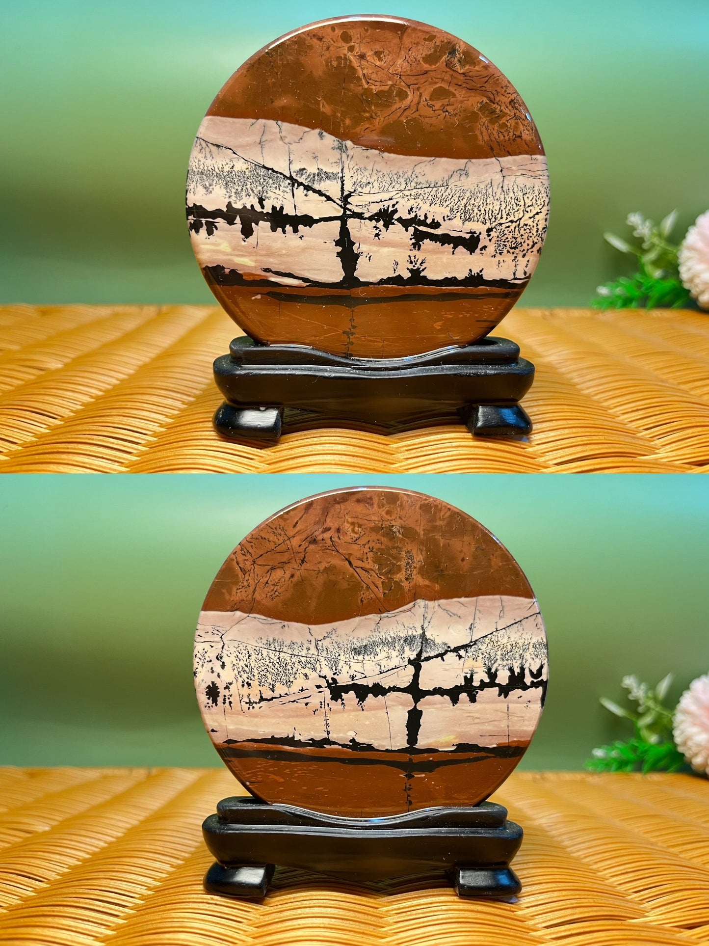 B1040 Picture jasper round slab 9CM on holder