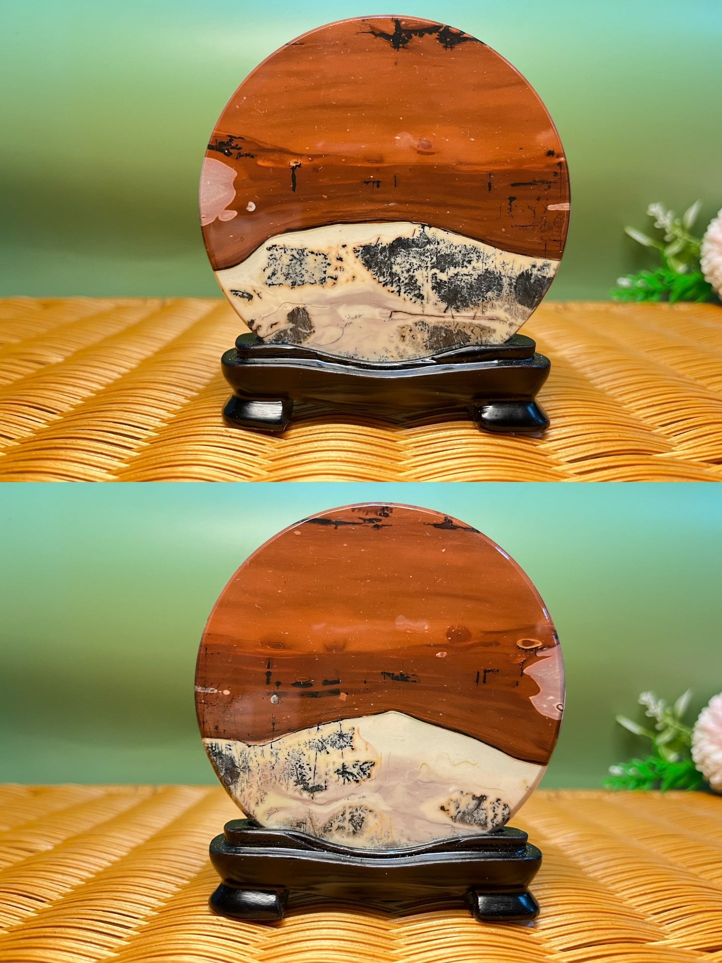 B1044 Picture jasper round slab 9CM on holder
