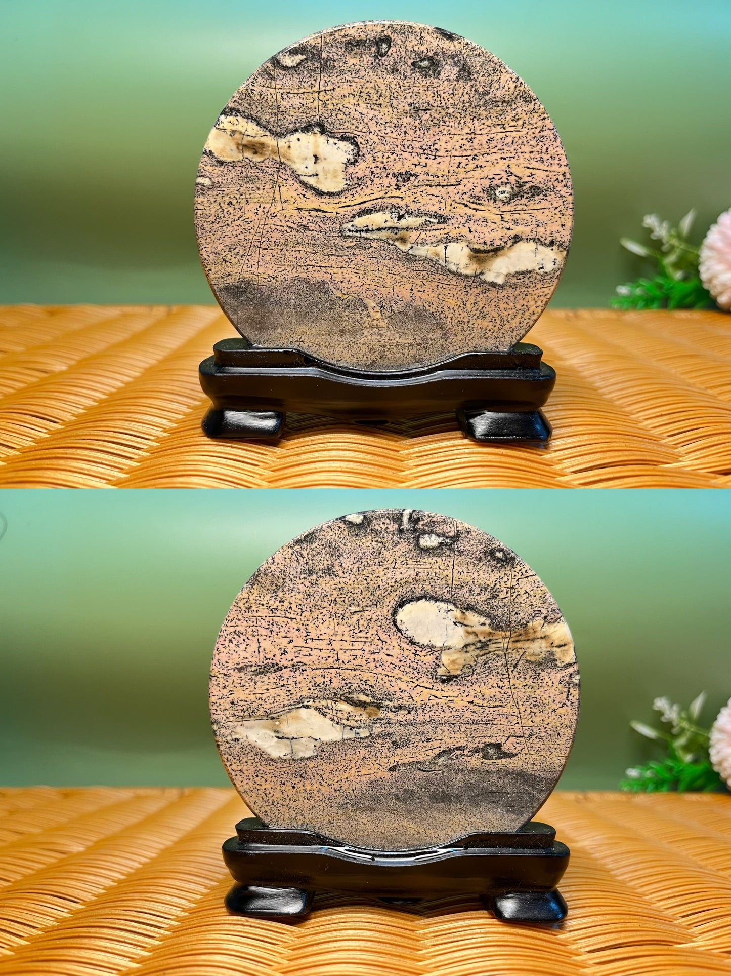 B1015 Picture jasper round slab 9CM on holder