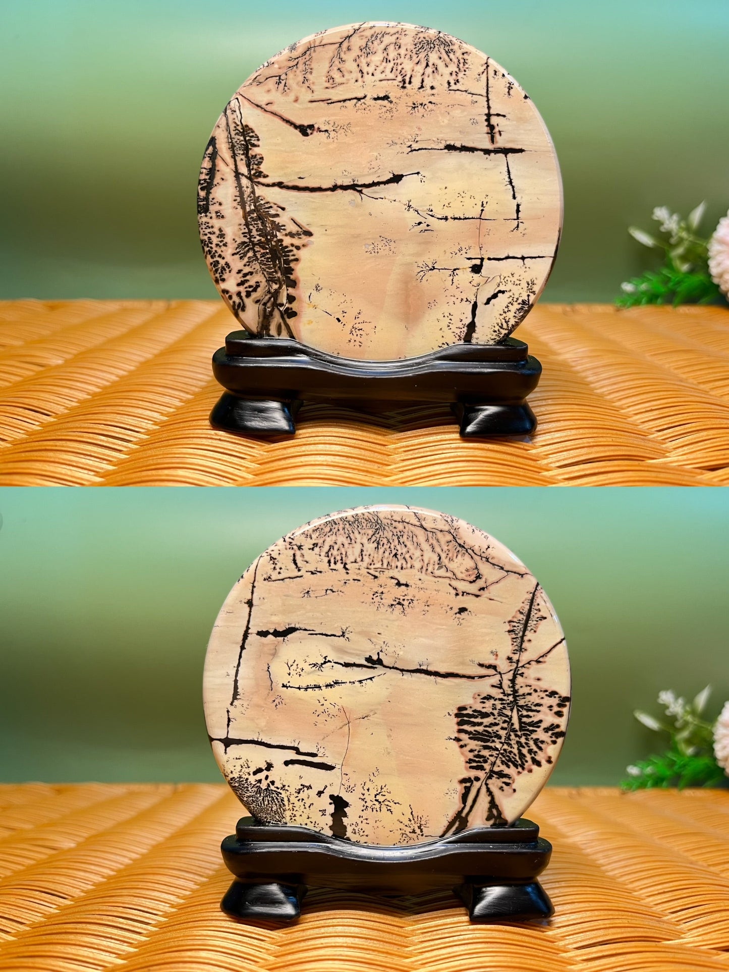 B1017 Picture jasper round slab 9CM on holder