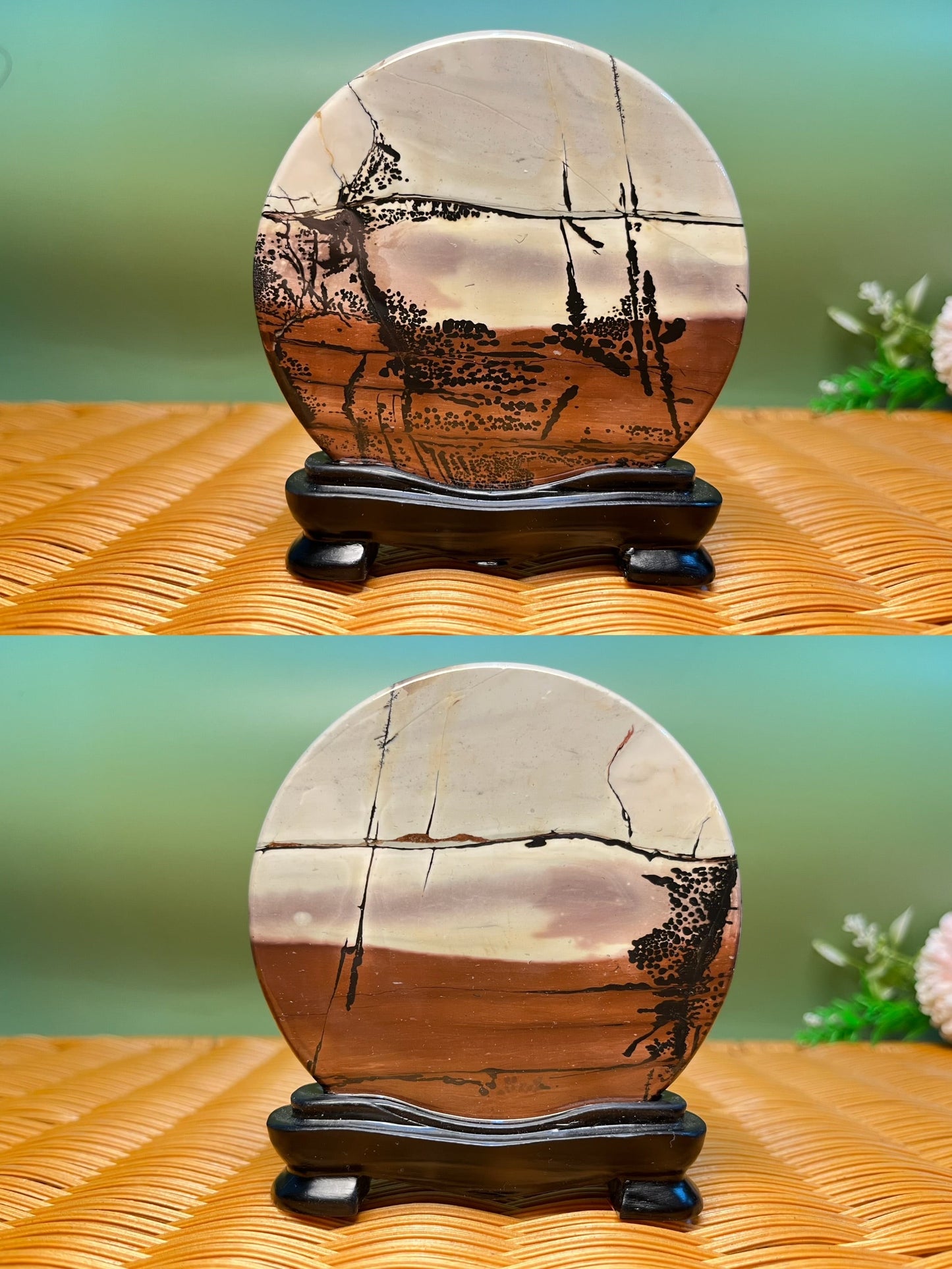 B1023 Picture jasper round slab 9CM on holder