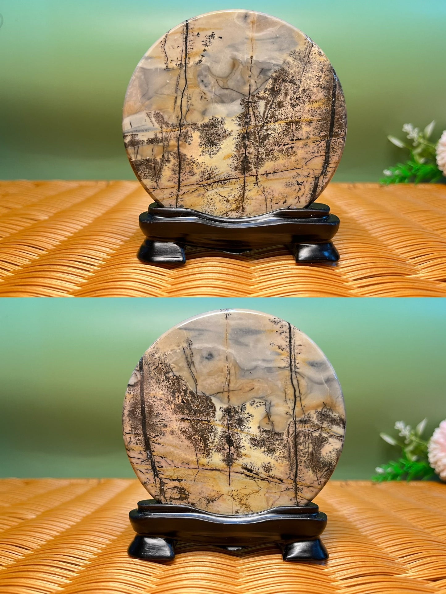 B1024 Picture jasper round slab 9CM on holder