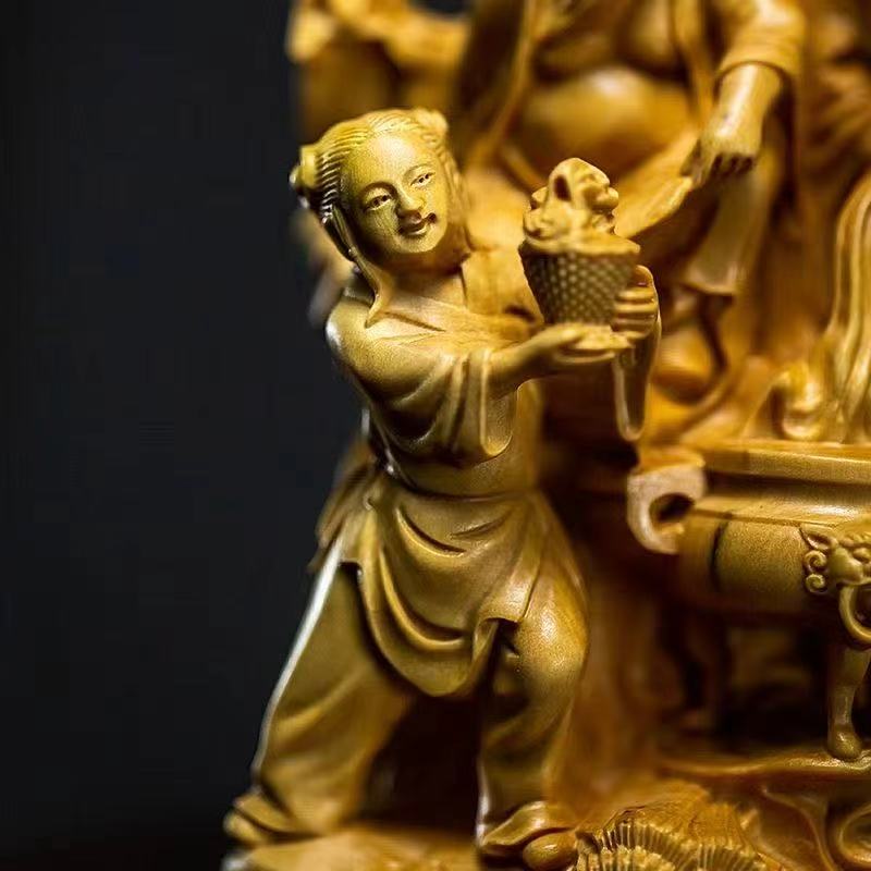 Arborvitae Wood Carving of "The Eight Immortals Crossing the Sea". Height: 16cm