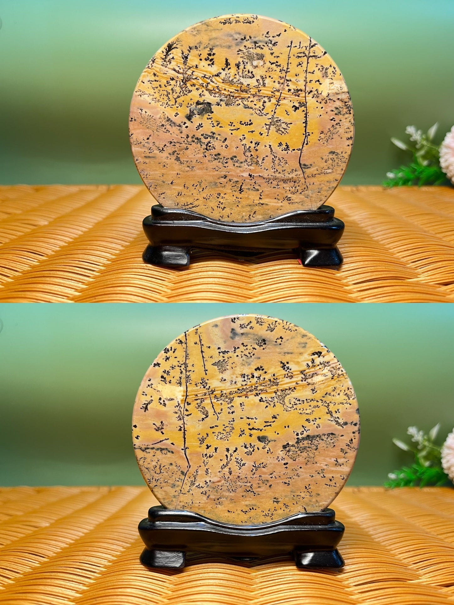 B1025 Picture jasper round slab 9CM on holder