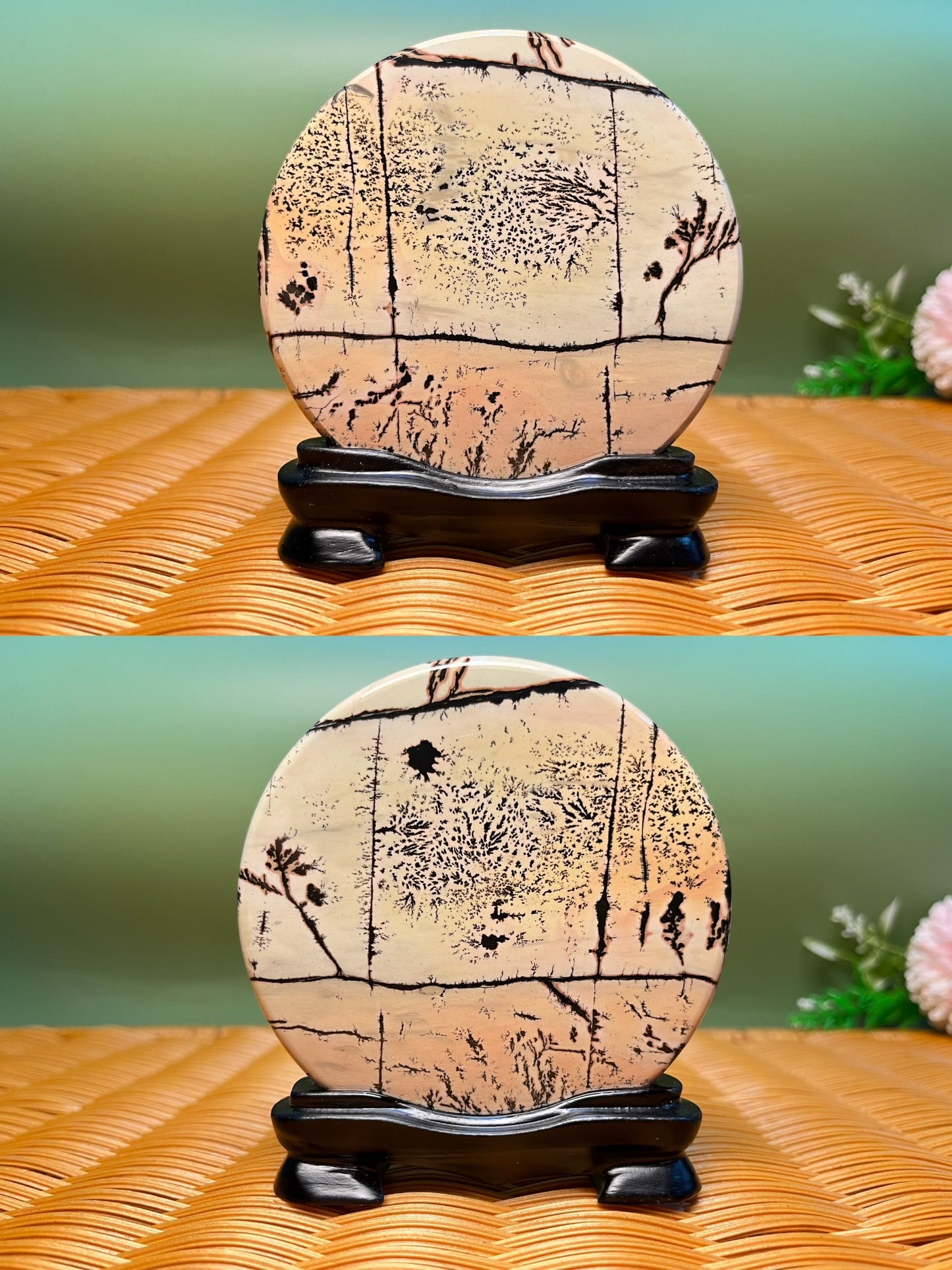B1011 Picture jasper round slab 9CM on holder