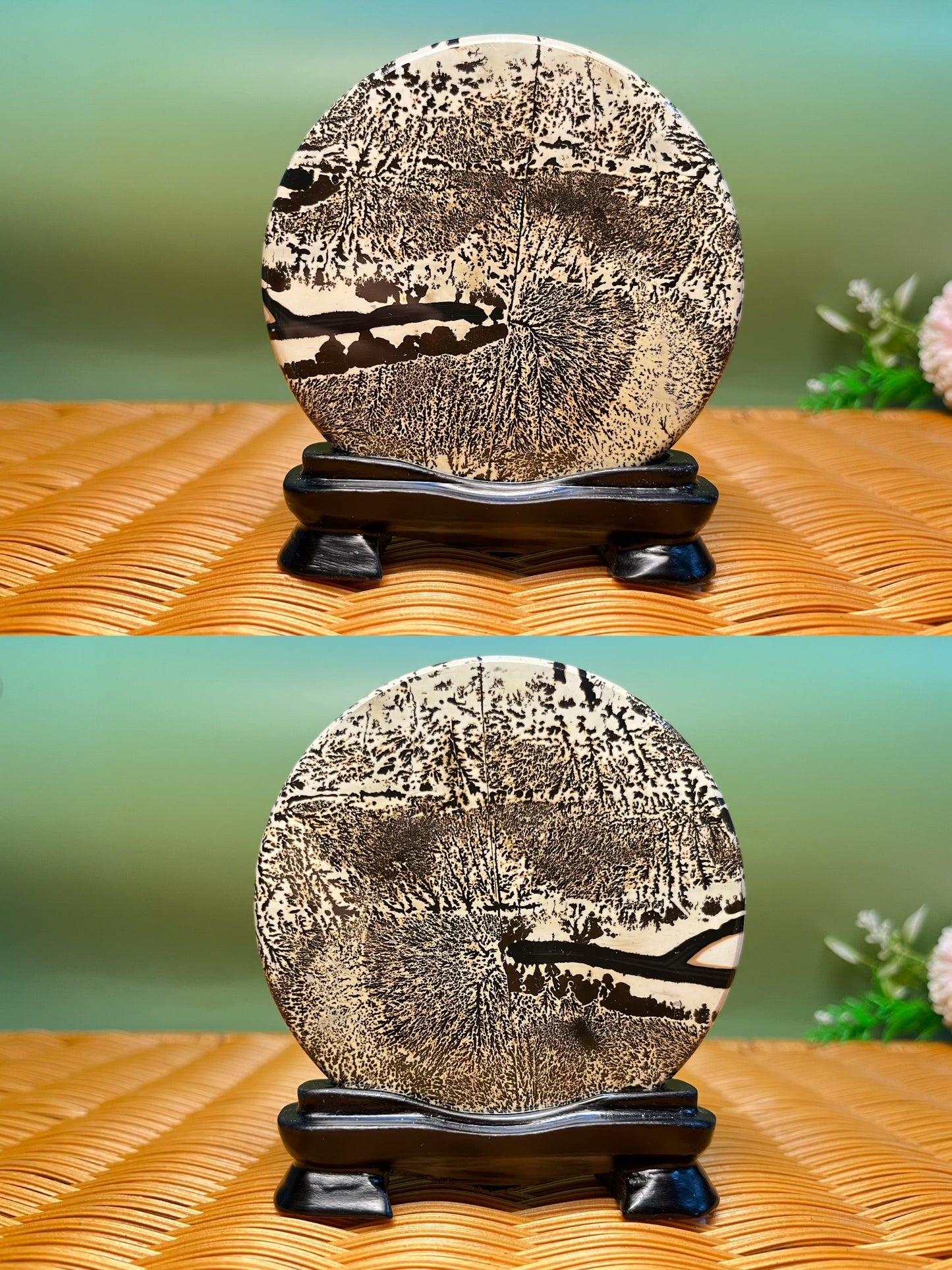 B1030 Picture jasper round slab 9CM on holder