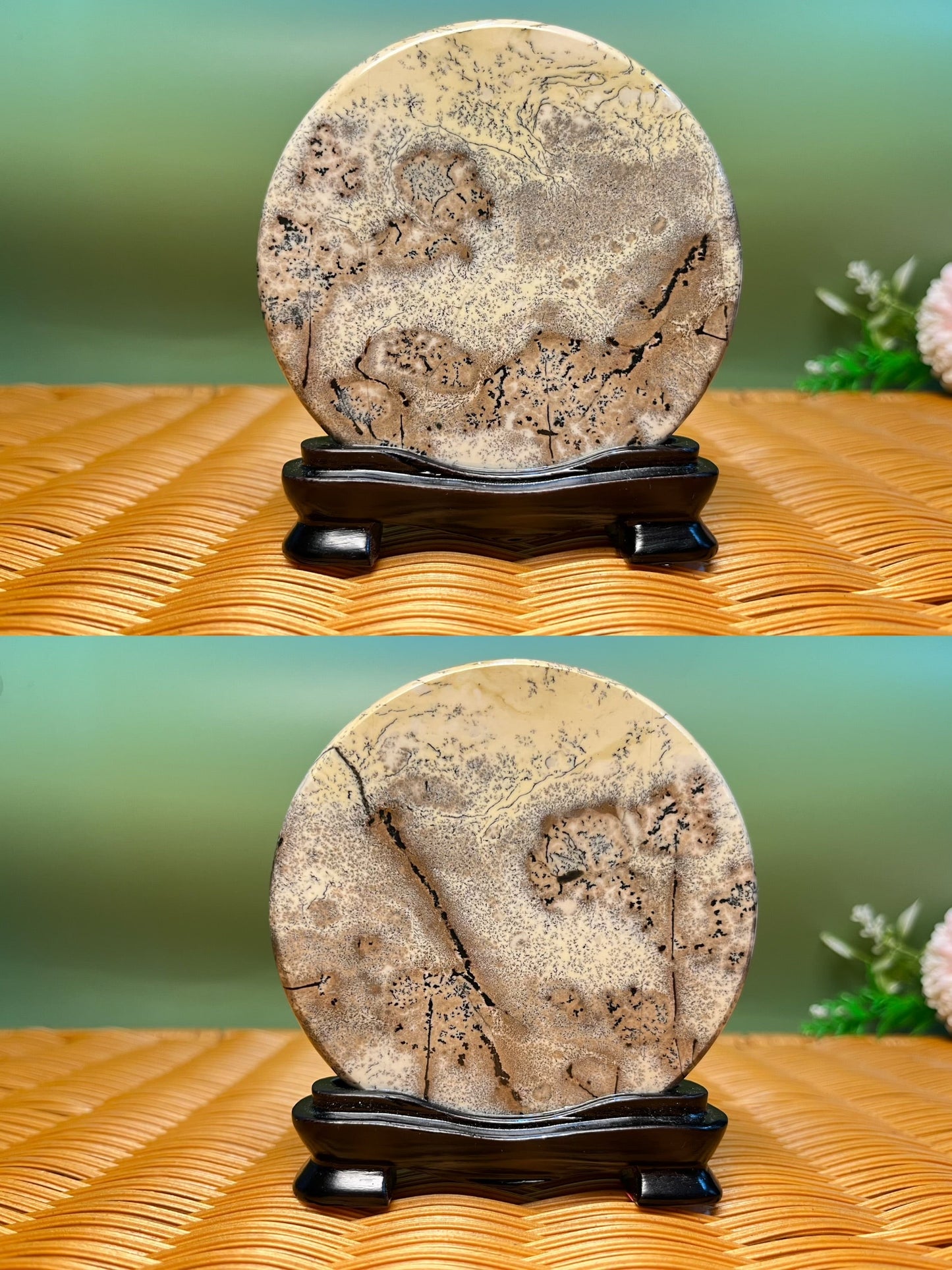 B1037 Picture jasper round slab 9CM on holder