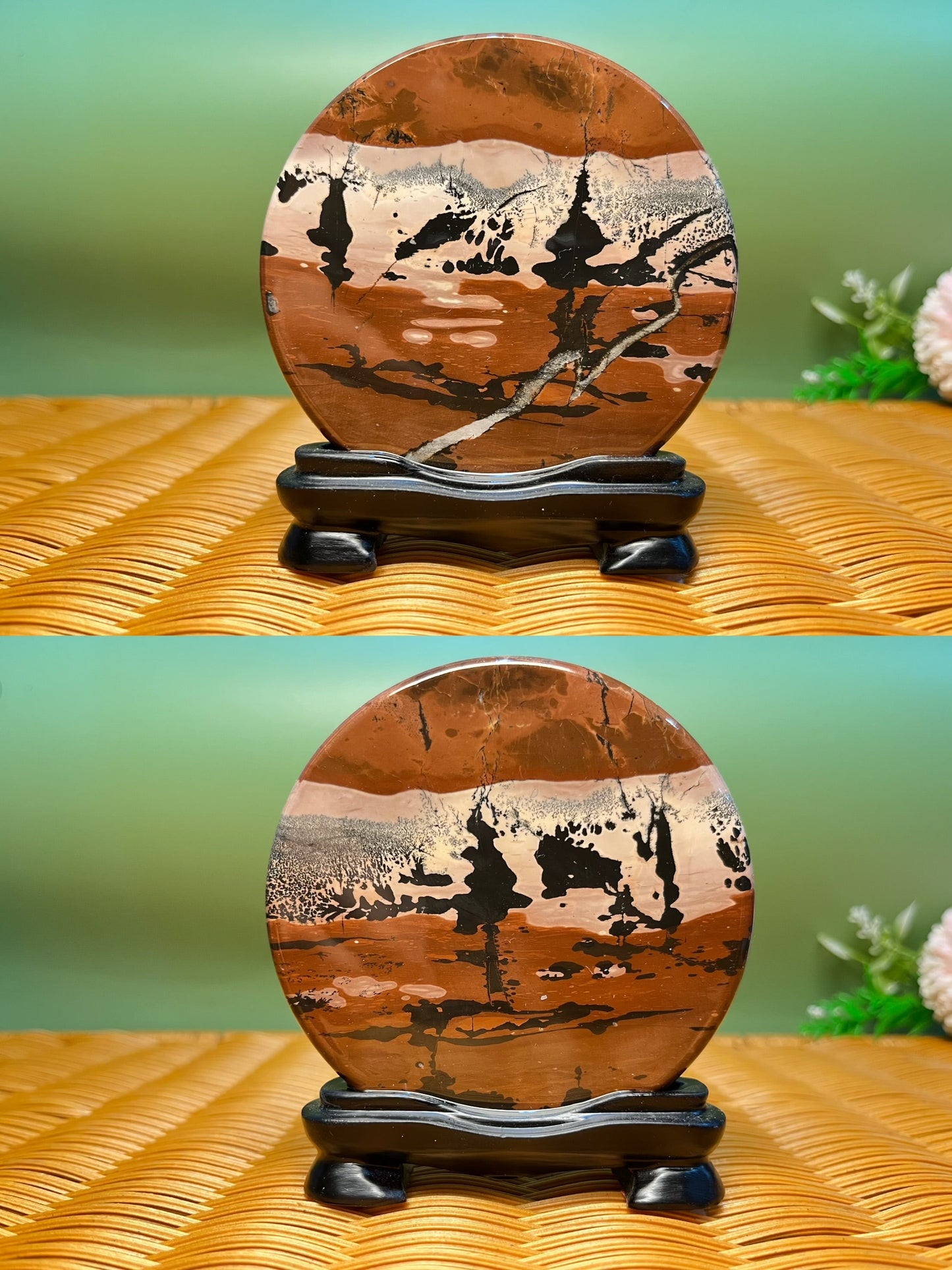 B1038 Picture jasper round slab 9CM on holder