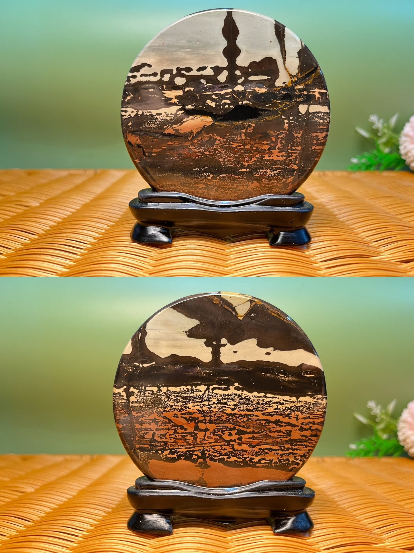 B1039 Picture jasper round slab 9CM on holder