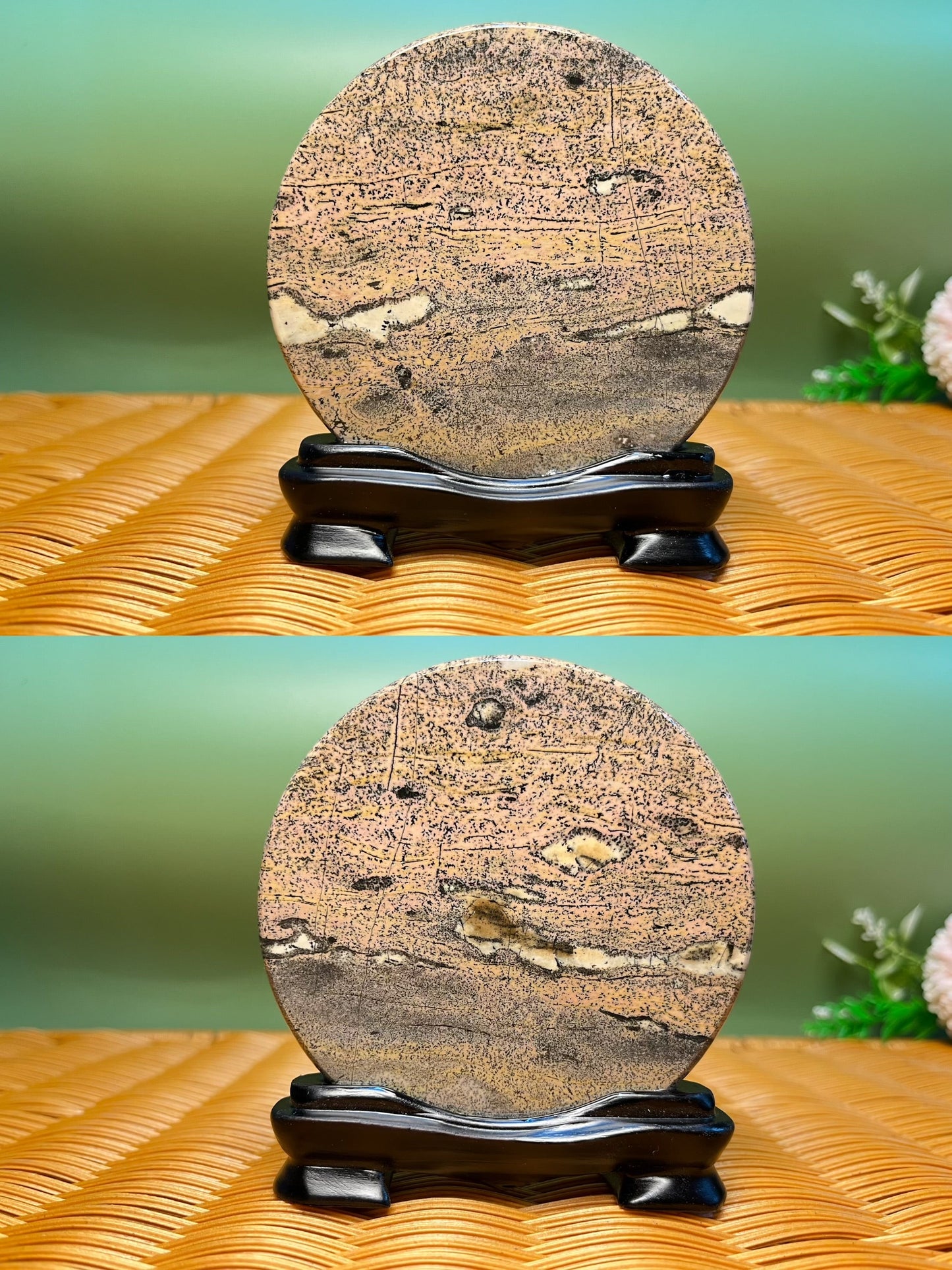 B1043 Picture jasper round slab 9CM on holder