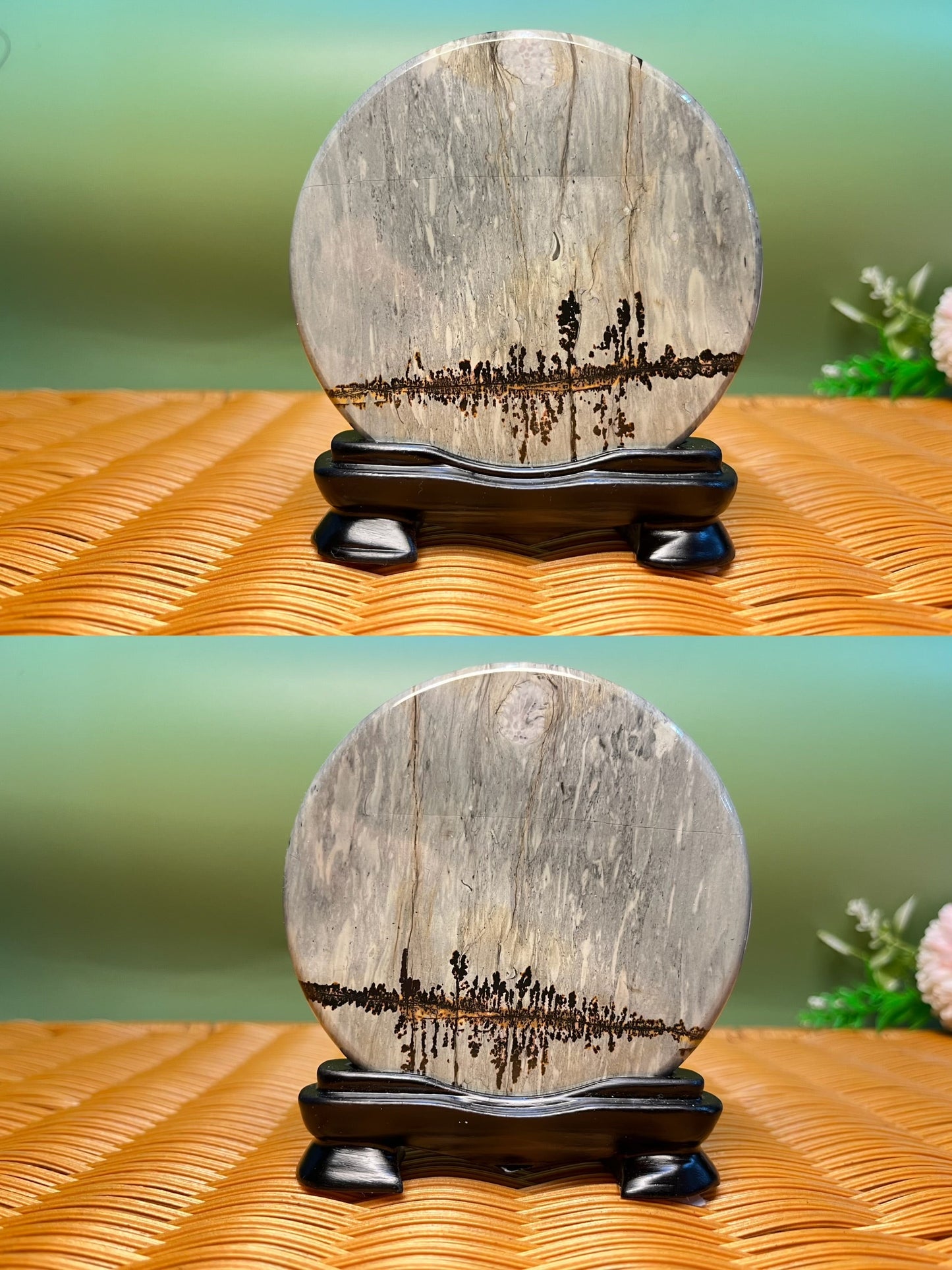 B1045 Picture jasper round slab 9CM on holder