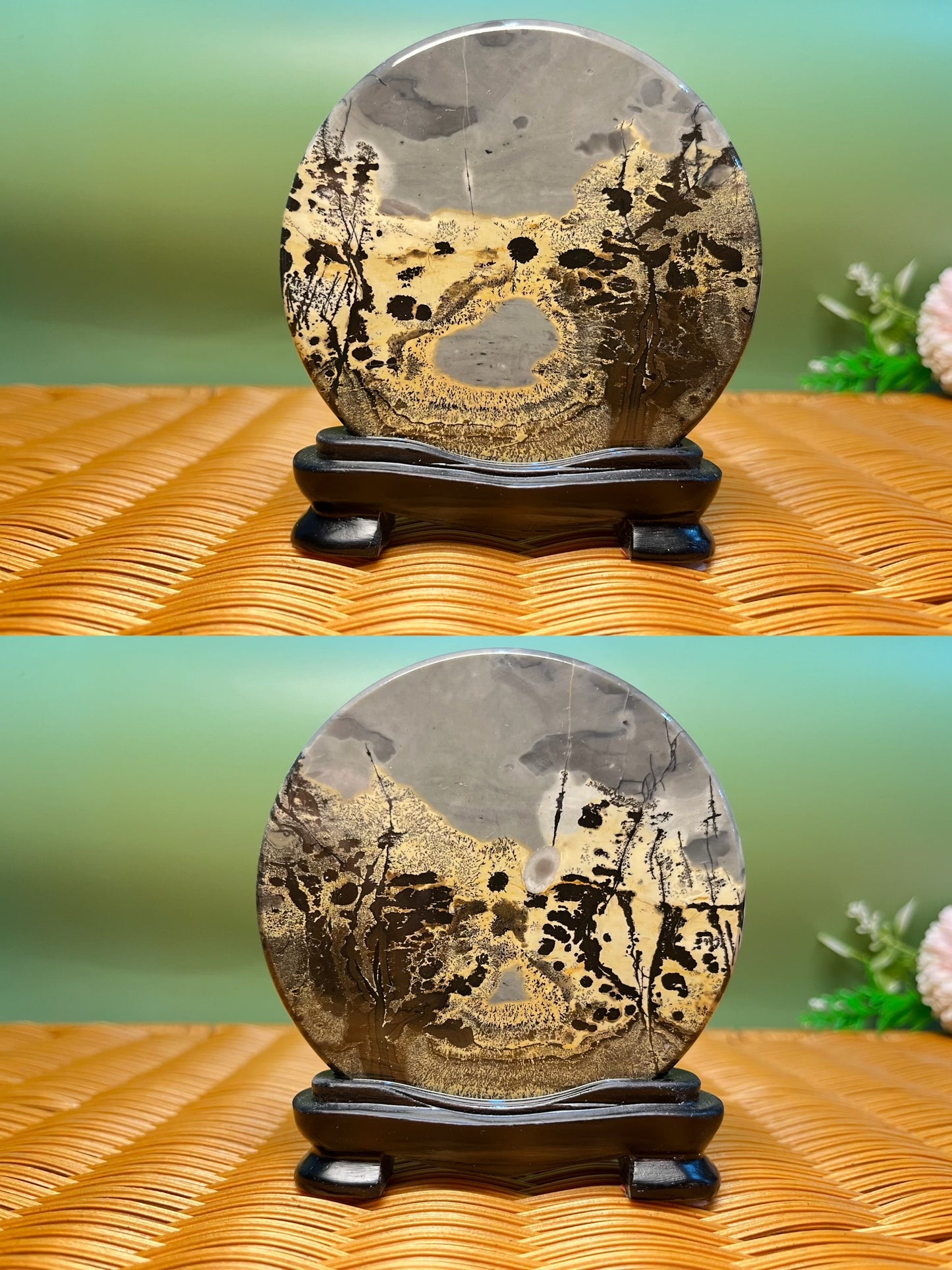 B1046 Picture jasper round slab 9CM on holder