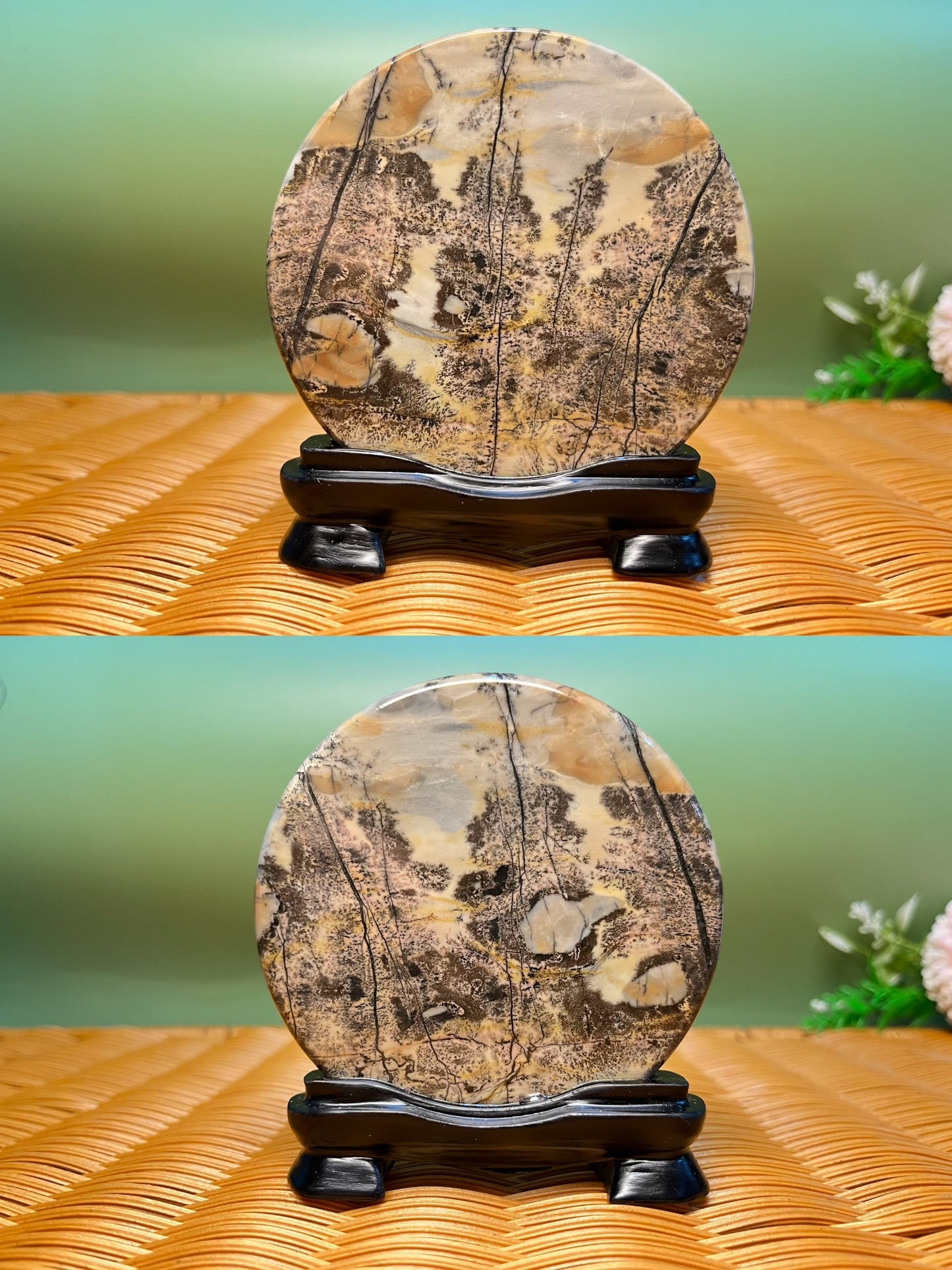 B1021 Picture jasper round slab 9CM on holder