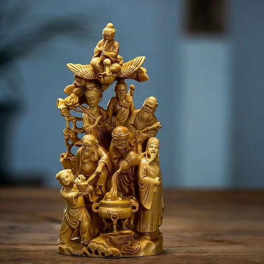 Arborvitae Wood Carving of "The Eight Immortals Crossing the Sea". Height: 16cm