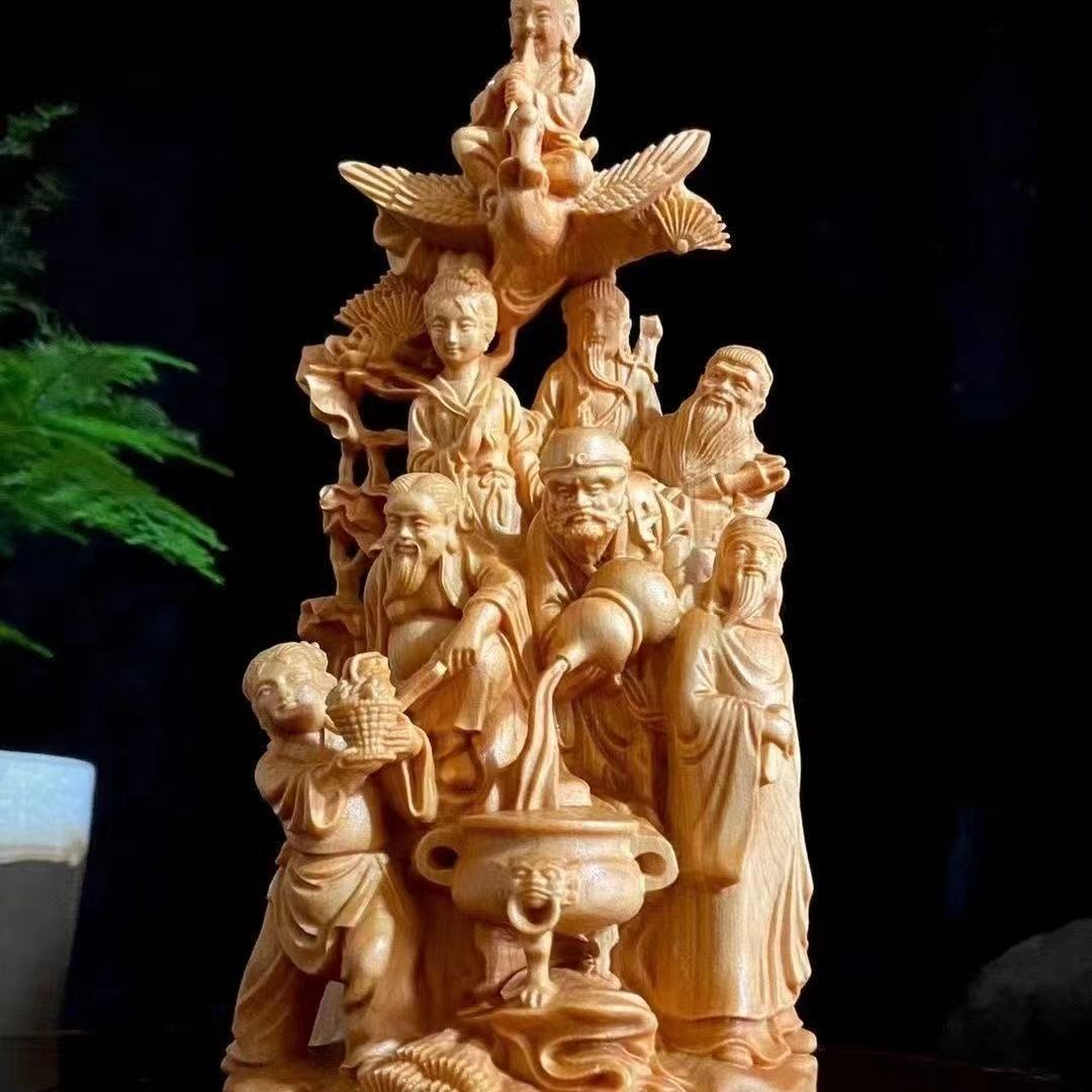 Arborvitae Wood Carving of "The Eight Immortals Crossing the Sea". Height: 16cm