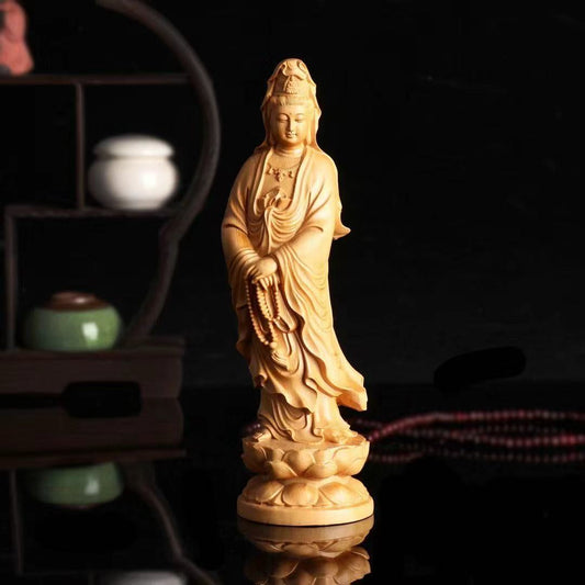 Height: 9CM Arborvitae wood standing guanyin