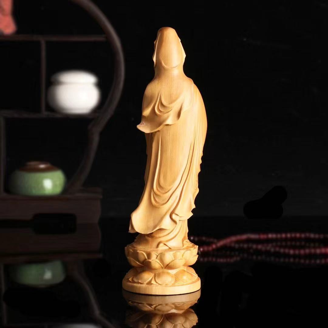 Height: 9CM Arborvitae wood standing guanyin